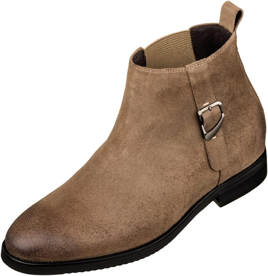 TOTO Men's Invisible Height Increasing Elevator Shoes - Coffee Brown Nubuck Leather Slip-on Chelsea Ankle Boots - 3.0 Inches Taller - K92083 - Size 6.5 D(M) US