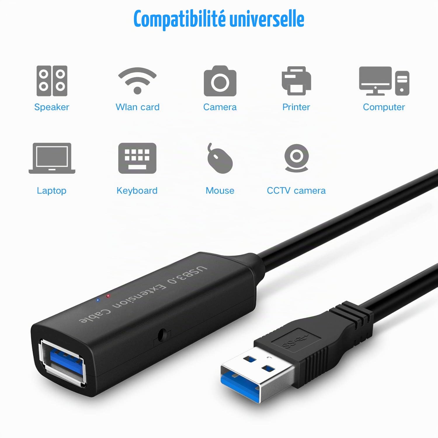 RSHTECH Câble d'extension USB 3.0 avec bloc d'alimentation 5 V 2 A actif USB 10 m Câble d'extension Super Speed A vers femelle A avec amplificateur de signal 5 Gbit/s Répéteur Noir