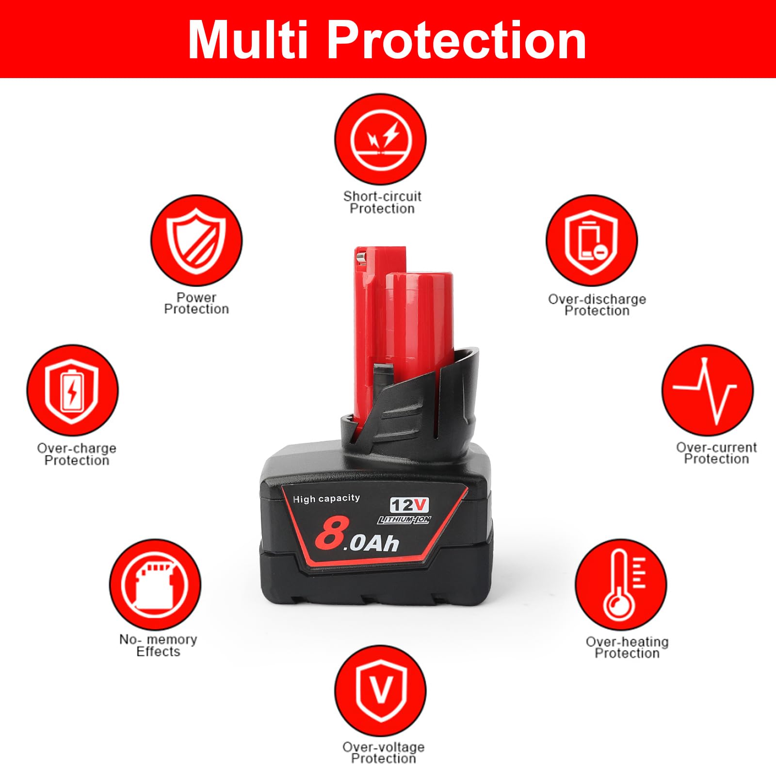 Powarobor 2x M12 12V 8.0Ah Batteria Compatibile Con Milwaukee 12V Utensili | 8000mAh,con indicatore LED,Batteria di ricambio per Milwaukee XC 48-11-2402, 48-11-2420, 48-11-2460