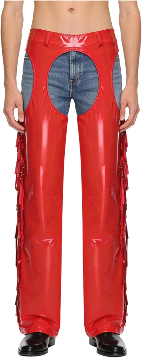 YiZYiF Men's Glossy Wide Leg Chaps Hollow-Out Crotch Thighs Shiny Tassel Side Seams Clubwear