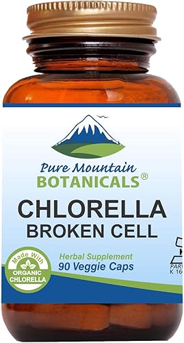 Pure Mountain Botanicals Broken Cell Wall Chlorella Cápsulas - 90 cápsulas veganas kosher ahora con 500 mg de polvo orgánico de Chlorella