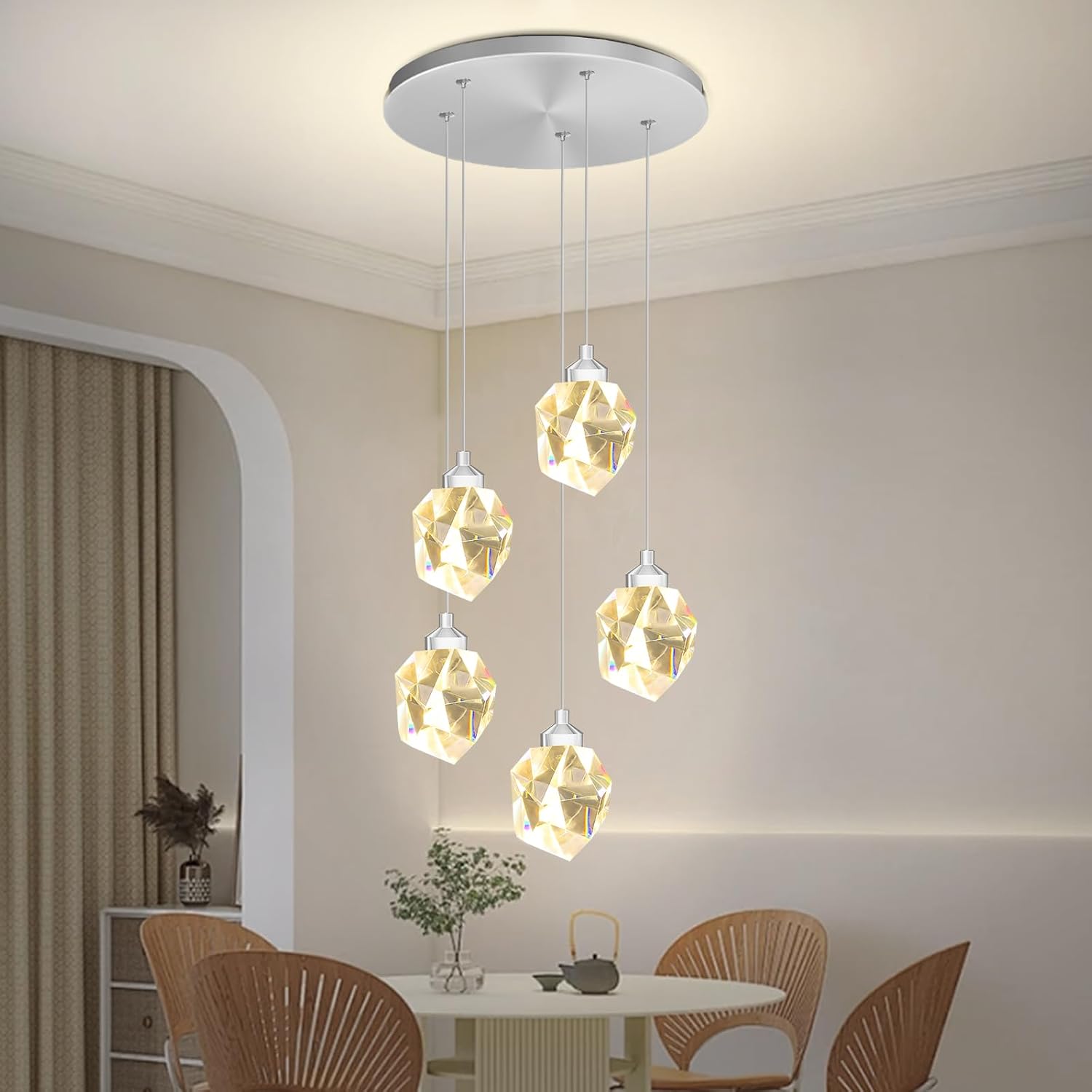 Modern LED Chrome Crystal Raindrop Chandelier Adjustable Pendant Light for Kitchen Island 5-Light Dining Room Light Fixtures Over Table Dimmable 3000K-6000K