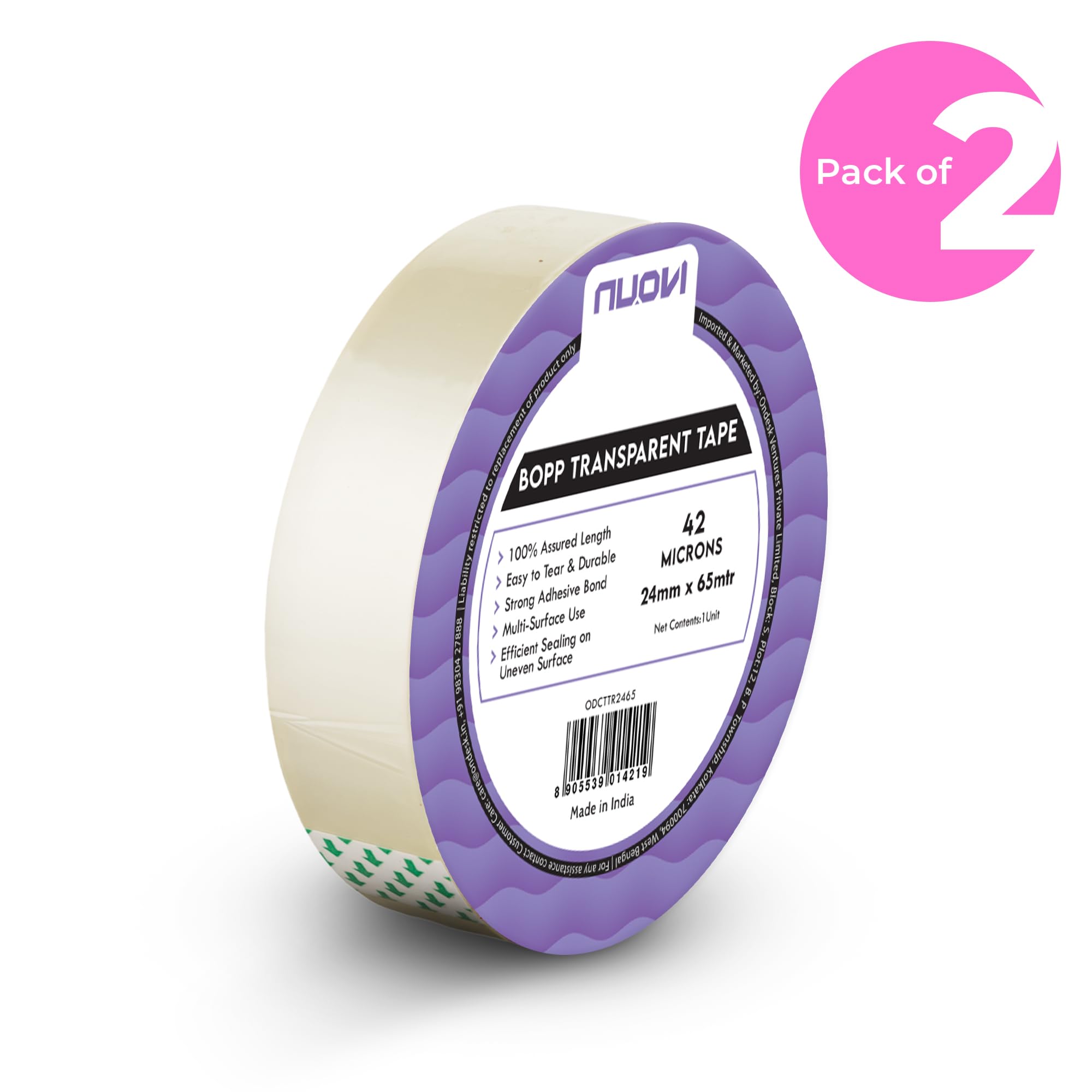 NUOVI BOPP Transparent Tape | 65meter Length X 24mm Width | 42Micron High Strength Self-Adhesive Tape for Strong Hold | Perfect for Office, Packaging, DIY, Shipping & More (Pack of 2) 1