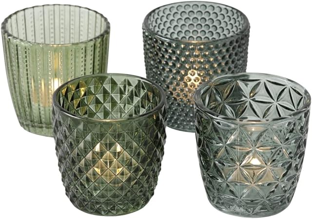 Boltze Marilu 1014420 Lantern Set of 4 (Green, Decorative Glasses for Candles / Tea Lights, Candle Holder Diameter 8 cm, Various Patterns, Round Shape, Tea Light Holder)