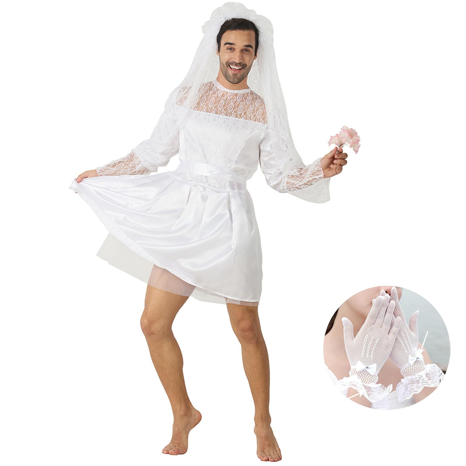 Funny Wedding Dress Men Bride Costume, Graveyard Bridal Cosplay, Deluxe Lace Mens Wedding Dress with Gloves - Image 2