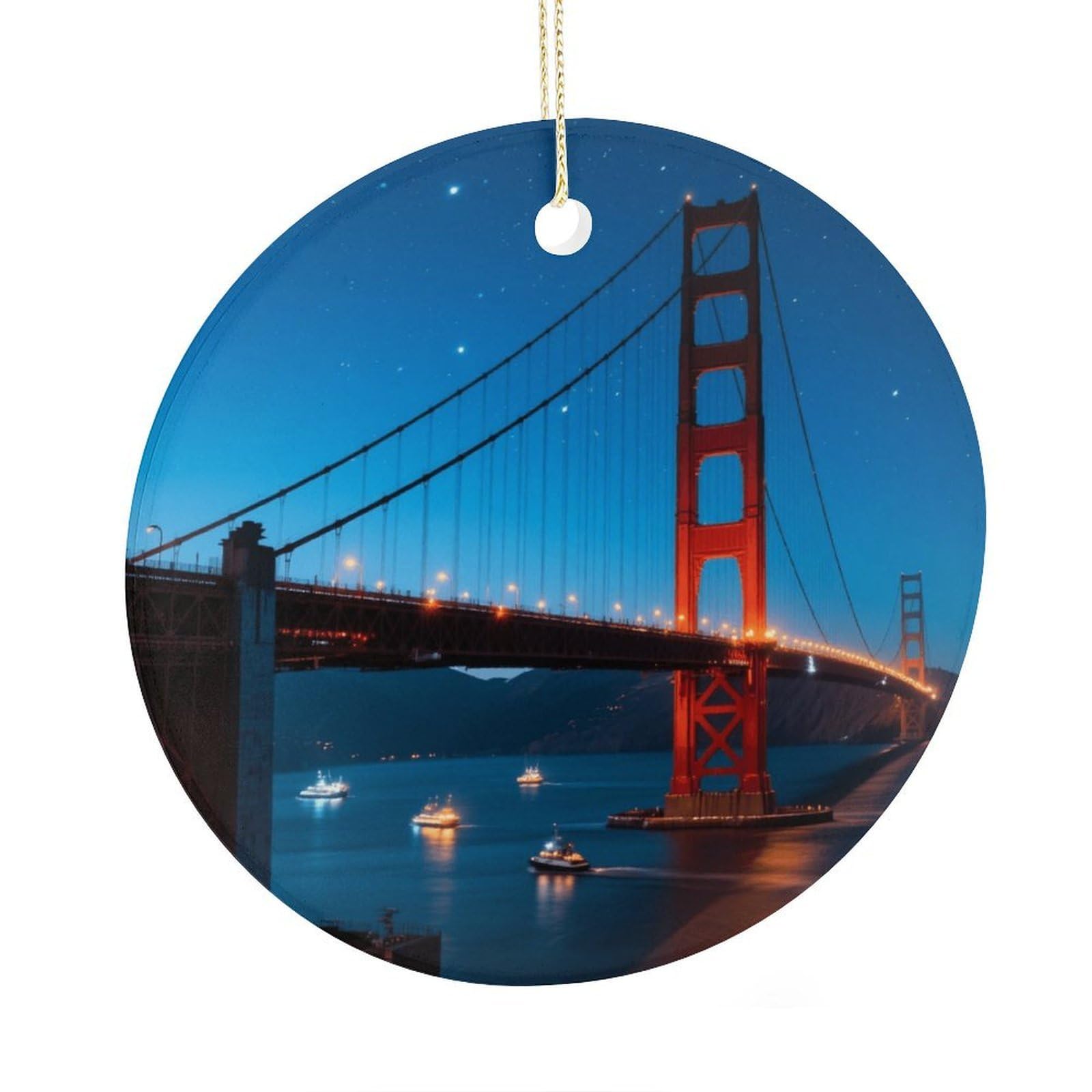 Fekiloot Style Golden Gate Bridge Christmas Ornaments 2.9 Inch Round Ceramic Ornament Keepsake Thank You Gifts For Office, Room, Home - Holiday Present Ideas