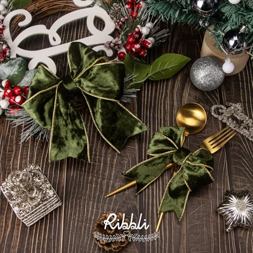 Image of Ribbli Moss Green Velvet Wired Ribbon 1.5 Inch Metallic Moss Gold Crushed Velvet Christmas Ribbon for Gift Wrapping Christmas Tree Decoration Crafts Wreaths Supplies-Continuous 10 Yards