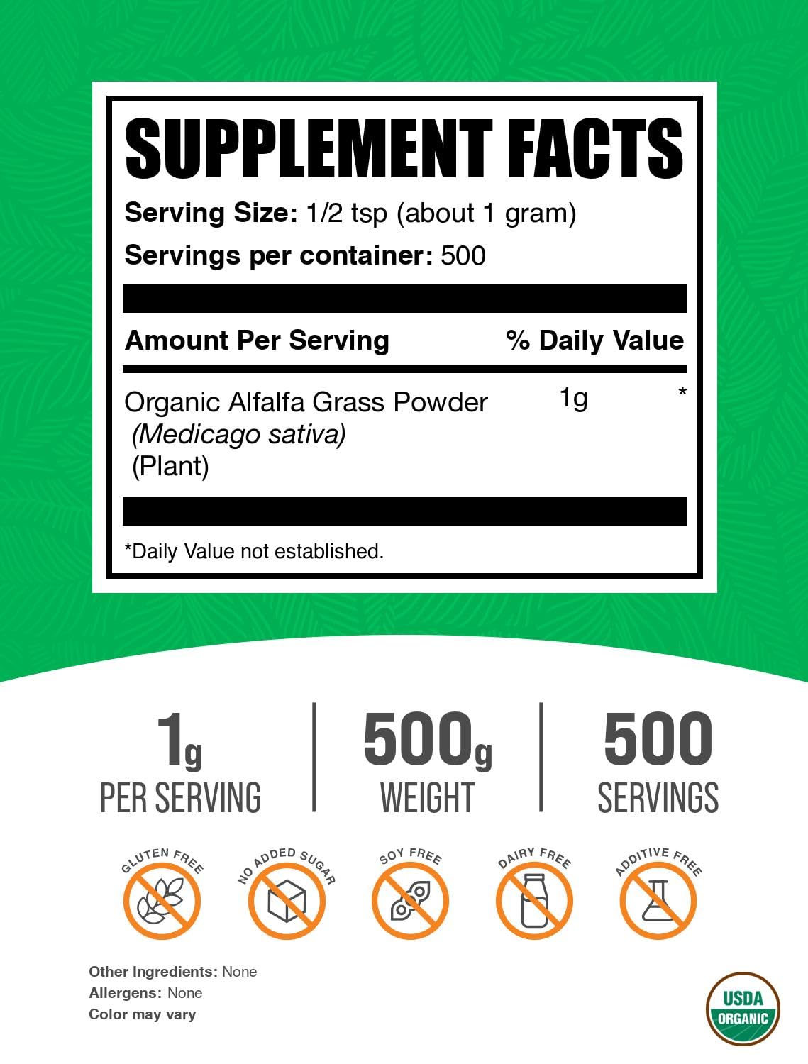 BulkSupplements.com Organic Alfalfa Grass Powder - Alfalfa Supplement, Green Superfood Powder - Vegan & Gluten Free, 5g per Serving, 500g (1.1 lbs) (Pack of 1) — Amazon image 2