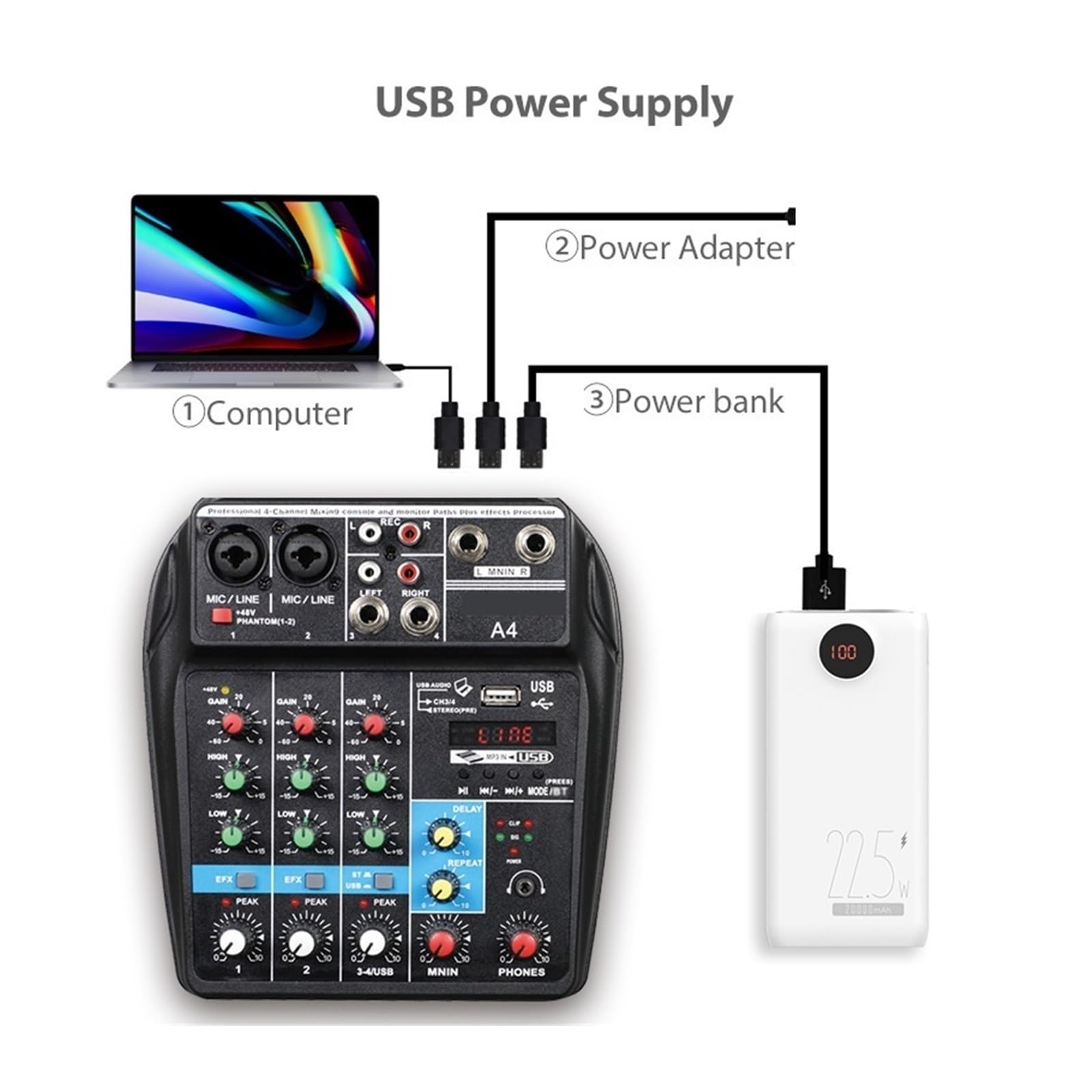Mikser audio, A4 Konsola miksująca dźwięk USB Nagrywanie Komputerowe 48V Phantom Power Delay Repaeat Efekt 4 Kanały Mikser Audio do karaoke w studiu