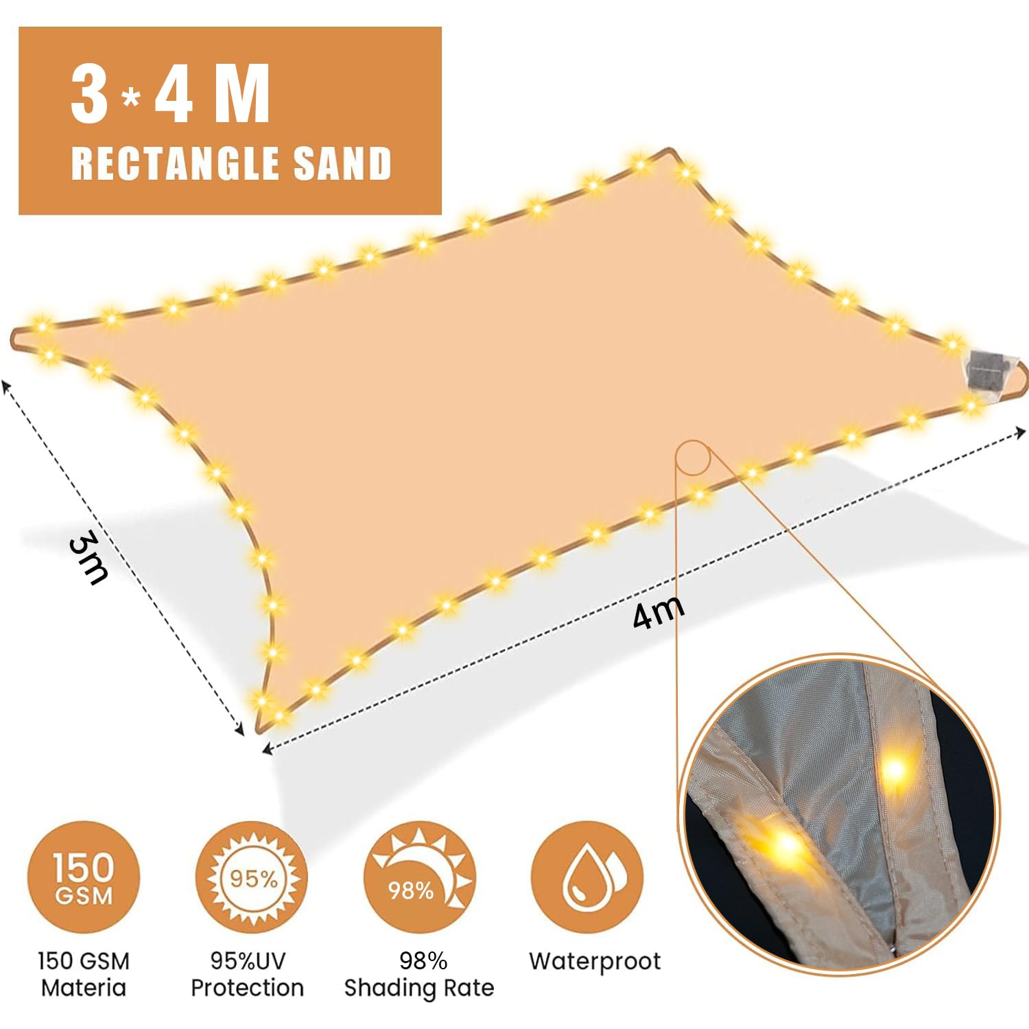 ABIUBIU wasserdichte-Sonnensegel 3x4m mit eingebauter LED-Solar-Lichterkette, 98% UV-Schutz, reiBfest, wetterfest, für Terrasse-Garten-Terrasse-Rasen（Beige）
