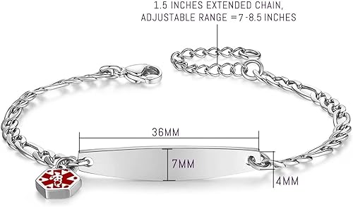 Miniatura 5 de mnmoom Pulseras de identificación médica para mujeres 7-8.5 pulgadas de acero inoxidable pequeña cadena Figaro pulseras de alerta médica
