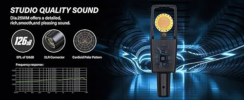 Miniatura 9 de XLR - Micrófono cardioide profesional de condensador de estudio cardioide de 0.98 pulgadas (0.984 in) de diafragma grande, kit de micrófono para