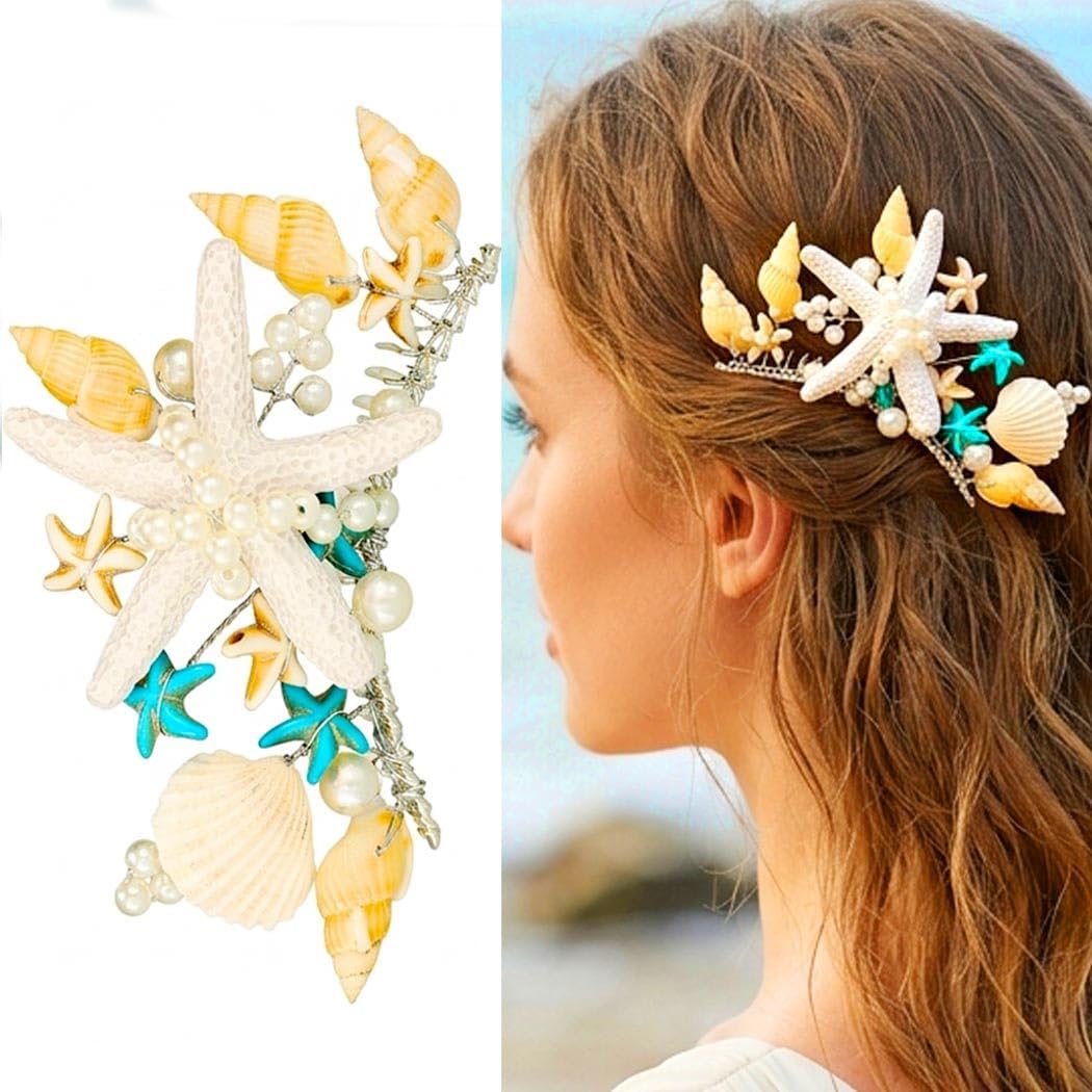 Brishow Starfish Hair Comb, Silver Pearl and Seashell Hair Accessories for Women and Girls