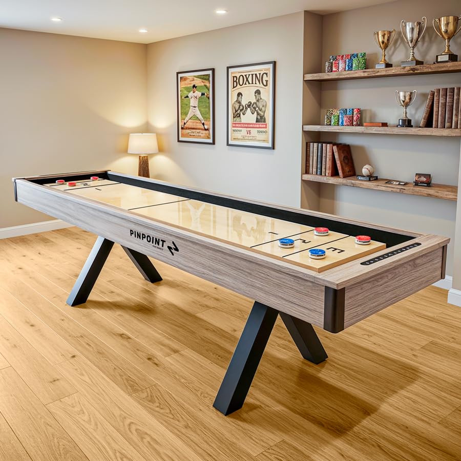 PINPOINT Zestaw gier stołowych 2 w 1 Shuffleboard – pełnowymiarowa tablica do shuffleboardu o długości 2,7 m, z konwersją stołu do jadalni, krążków, wosku i pędzla w zestawie – wysokiej jakości stół