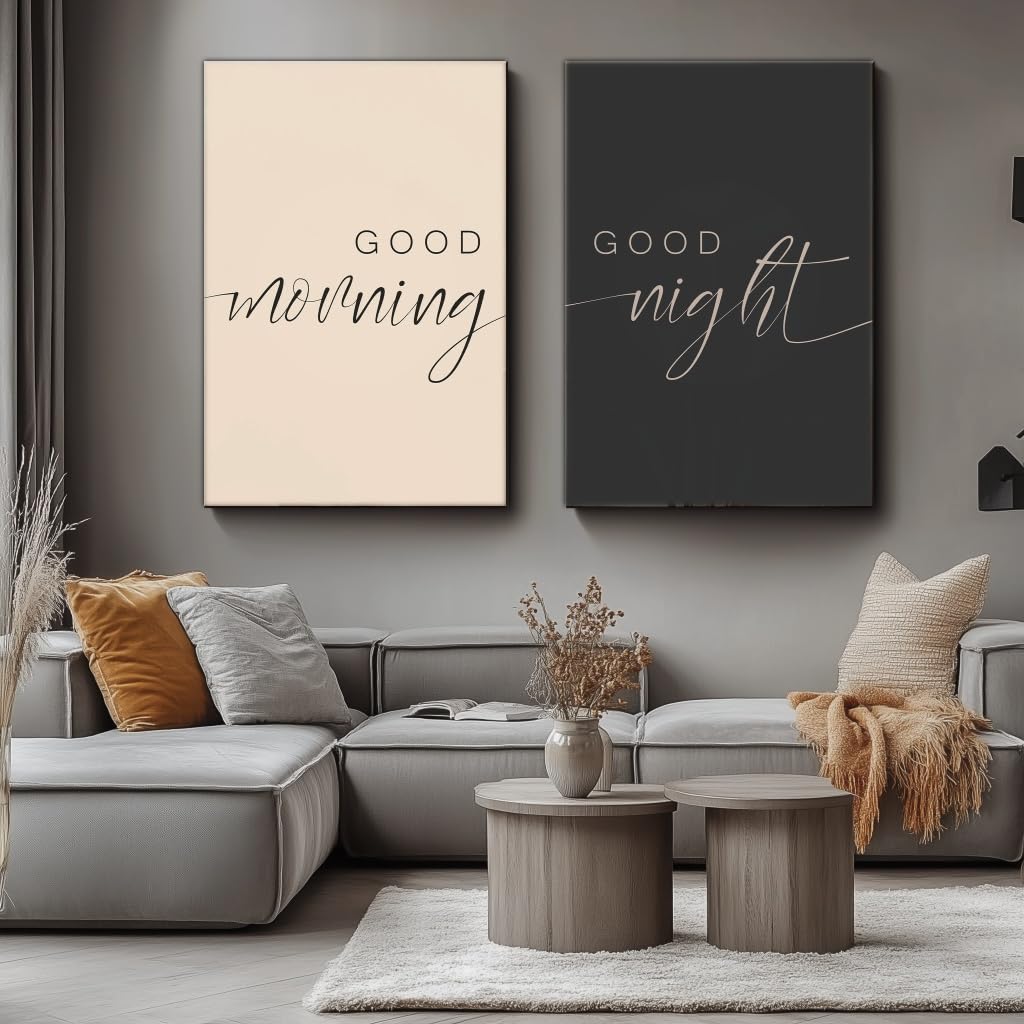 GLWDME Wandgemälde-Set im minimalistischen Stil „Good Morning, Good Night“, beige und schwarze Leinwanddrucke und Poster, Wandbilder für Wohnzimmer und Schlafzimmer（Gerahmt）