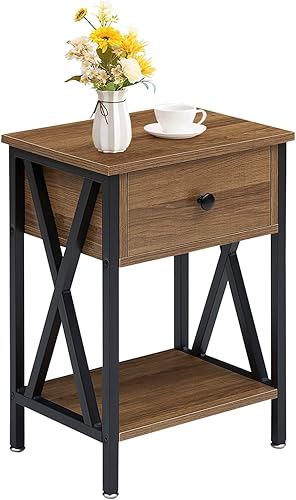 VECELO Mesita de noche vintage, mesa auxiliar con cajón y estante, decoración del hogar para sala de estar, dormitorio, patas en forma de X y