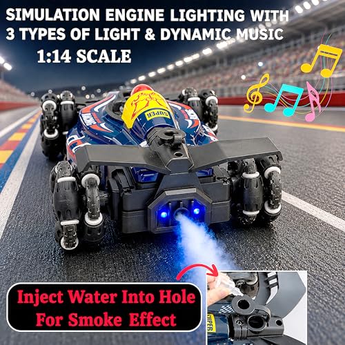 Image of VGRASSP 4WD Dual Control F1 RiseX Drift Stunt Mist Car Toy for Kids with Lights, Music - Rechargeable 360 Rotating RC Smoke Car with 2.4GHz Remote Control and Gesture Wrist Controller - Red