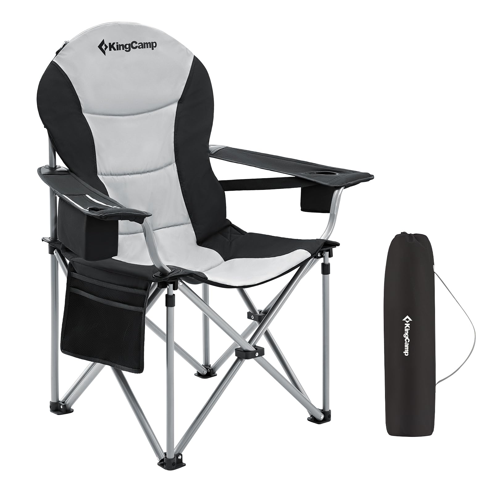KingCamp Campingstuhl Faltbar 250kg XXL Ergonomischer Klappstuhl mit Verstellbarer Lendenwirbelstütze & Kühltasche & Armlehnen, Gepolsterter Hochlehner für Garten Angeln Strand Festival Outdoor