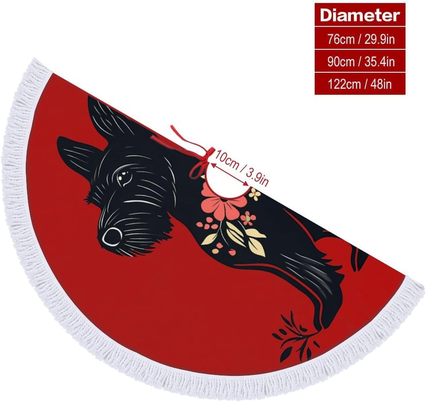 Scottish Terrier Floral Christmas Tree Skirt Round Xmas Tree Mat Ornaments Tree Skirts with Tassels for Holiday Party
