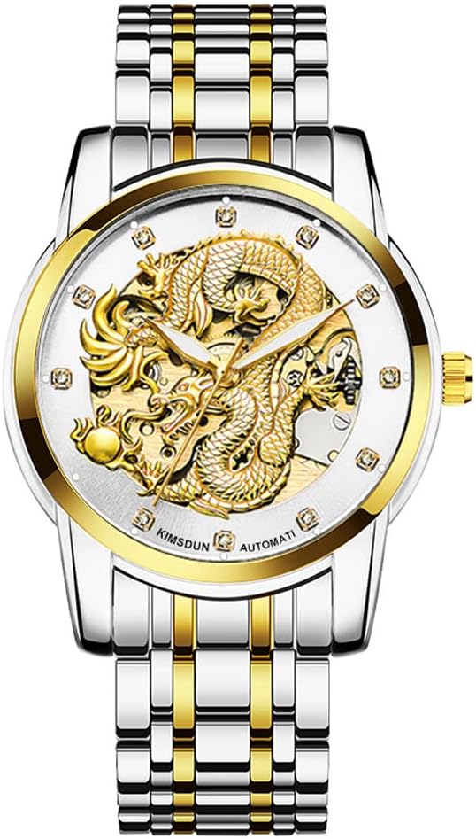 Weicam Mens Luxury Mechanical Skeleton Automatic Self-Winding Stainless Steel Lumious Watch Dragon Carved Dial Diamond Business Watches Waterproof Wristwatch