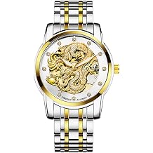 Mens Luxury Mechanical Skeleton Automatic Self-Winding Stainless Steel Lumious Watch Dragon Carved Dial Diamond Business Watches Waterproof Wristwatch