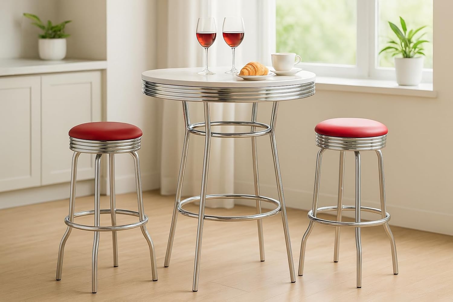 CARTESIAN Retro Chrome 3-Piece Pub Bar Set, White Round Table with Red Leatherette Swivel Stools, 30 Inch Diameter, 1950s Diner Style