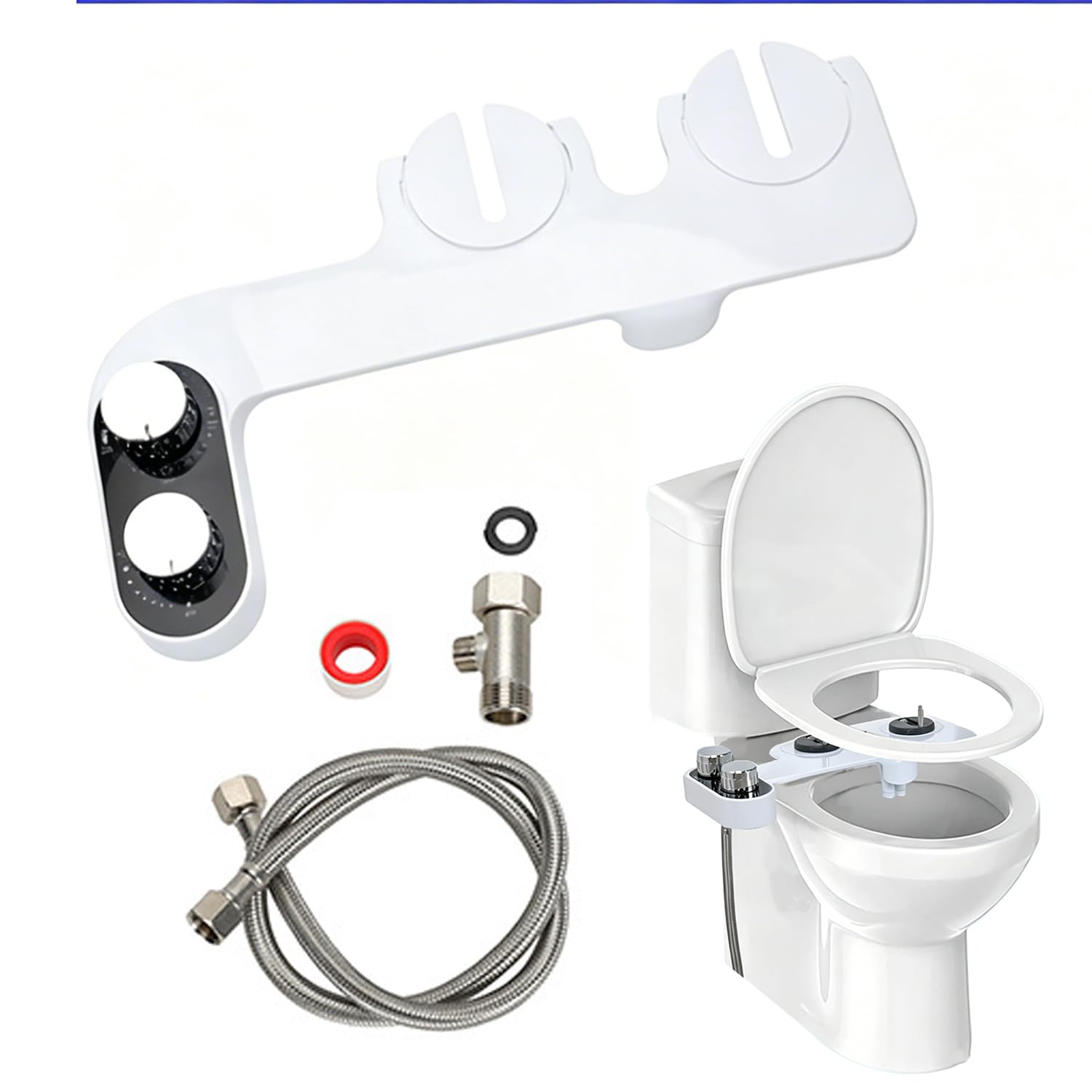 Kit doccetta Bidet per WC, Attacco per Bidet WC con Doppio Ugello da 3/8 Acqua Calda e Fredda, Pressione Dell'Acqua Regolabile, Doppio Ugello per Glutei e Lavaggio Intimo