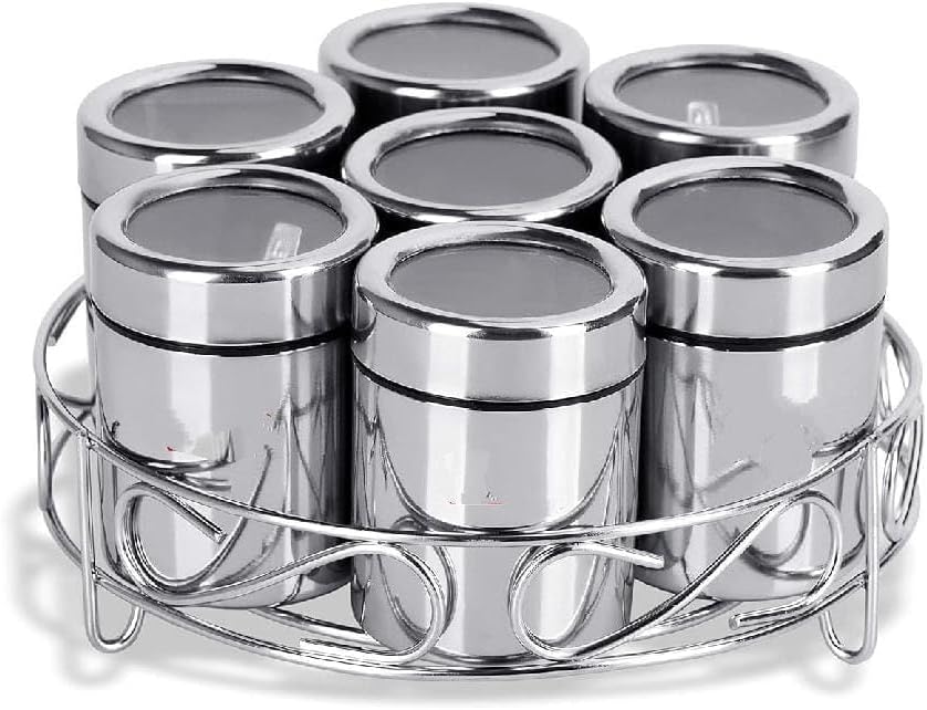 ATROCK 7Pcs Stainless Steel Masala Dabba|Spice Container|Kitchen Jars And Containers|Storage Container|Masala Dani With 7Pcs Stainless Steel Spoon|Set Of 7 Containers With Steel Stand,Blue-Violet