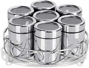 ATROCK 7Pcs Stainless Steel Masala Dabba|Spice Container|Kitchen Jars And Containers|Storage Container|Masala Dani With 7Pcs Stainless Steel Spoon|Set Of 7 Containers With Steel Stand,Blue-Violet