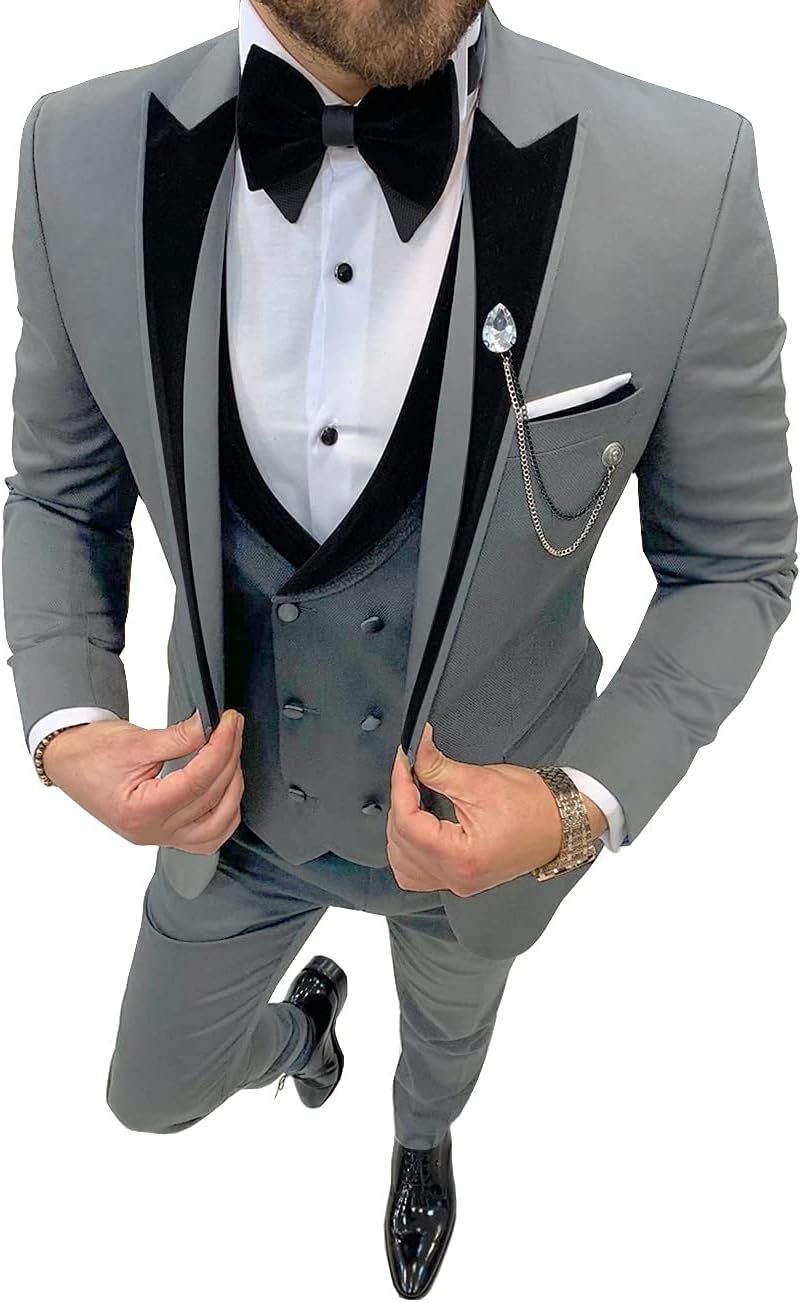 Men's Suit Casual Slim Fit Double Breasted 3 Piece Business Tuxedos for Wedding (Blazer+Pants+Vest)