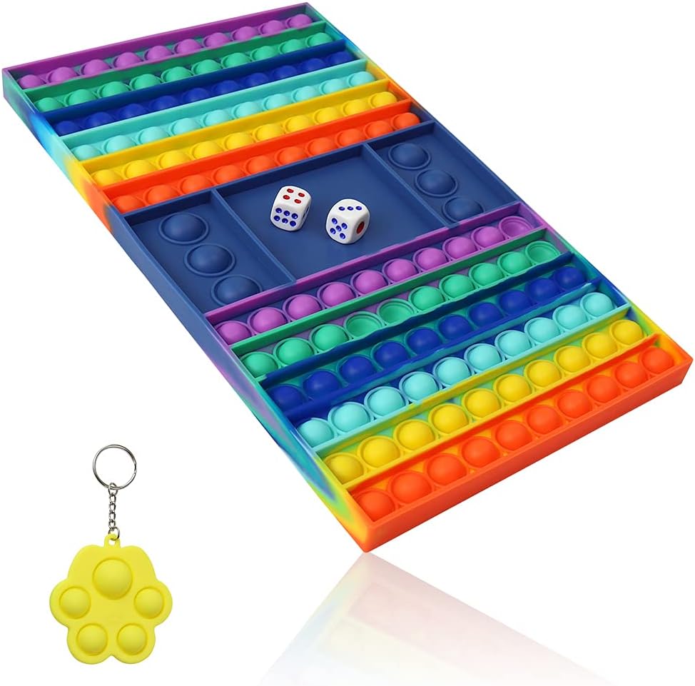 Big Pop It Fidget Game Chess Board with Dice, Portable Poppit Rainbow Push Bubble Fidget Sensory Toy, Popit Fidget Trading Games Rubber Popper Game for Kids and Adults, Stress Relief Chessboard