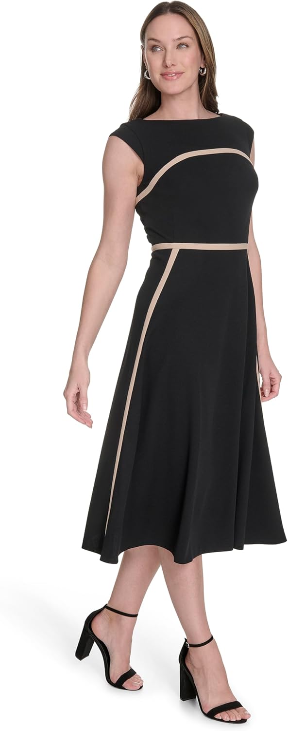 Tommy Hilfiger Womens Cap Sleeve Wide Neck Fit and Flare Midi Dress - Image 3
