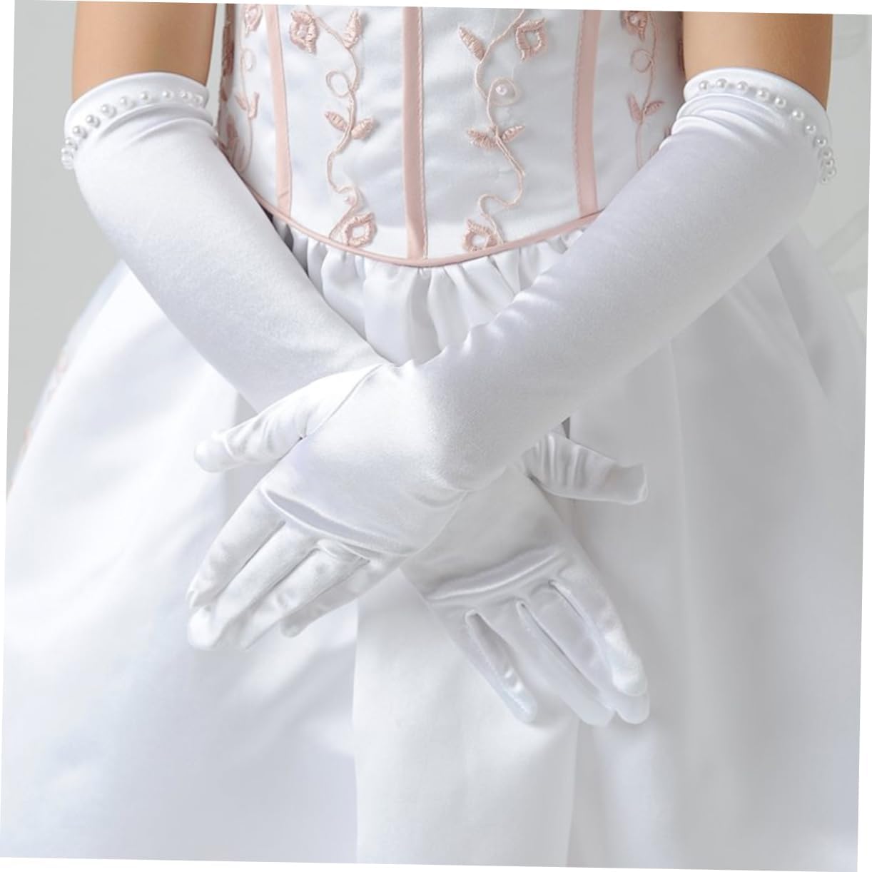 VALICLUD Elegant White Long Satin Flower Girl Gloves with Pearl Decor for Weddings Parties and Special Occasions