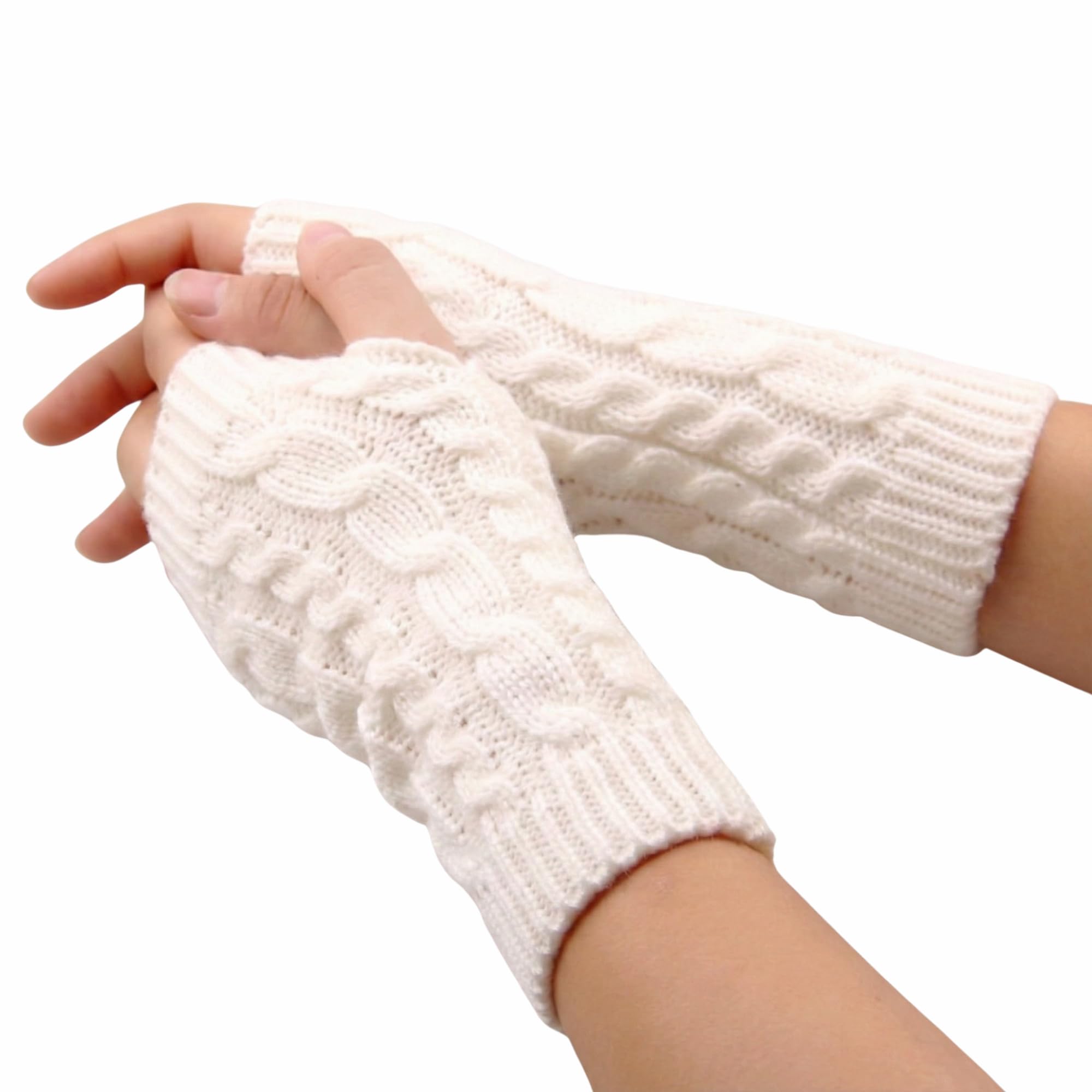 Women’s Cable Knit Fingerless Gloves – Winter Soft Woolen Arm Warmers with Thumb Hole – Thermal Half Finger Mittens for Typing, Driving & Texting (Free Size, Khaki)-2-image-47