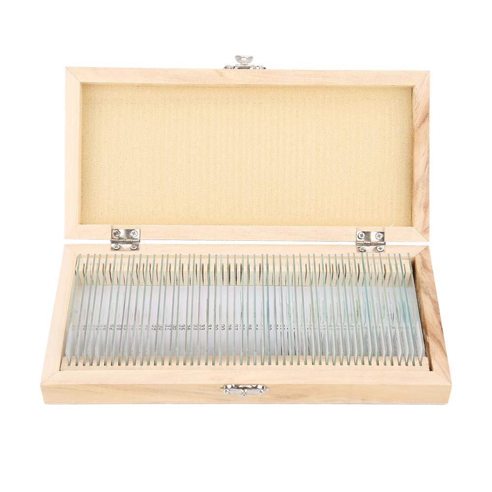 NDNCZDHC 50pcs Microscope Slides with Specimens, Prepared Microscope Slides Biology Glass Microscope Slides with Wood Box