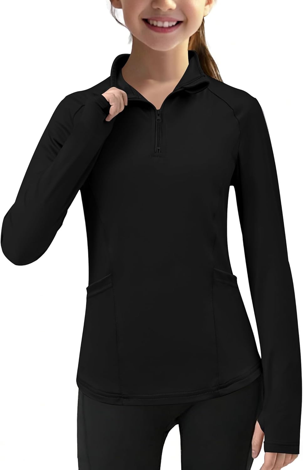 Yesfashion Girl Lightweight Jackets Long Sleeve Half Zip Sun Protection Athletic Shirt with Pockets and Thumholes