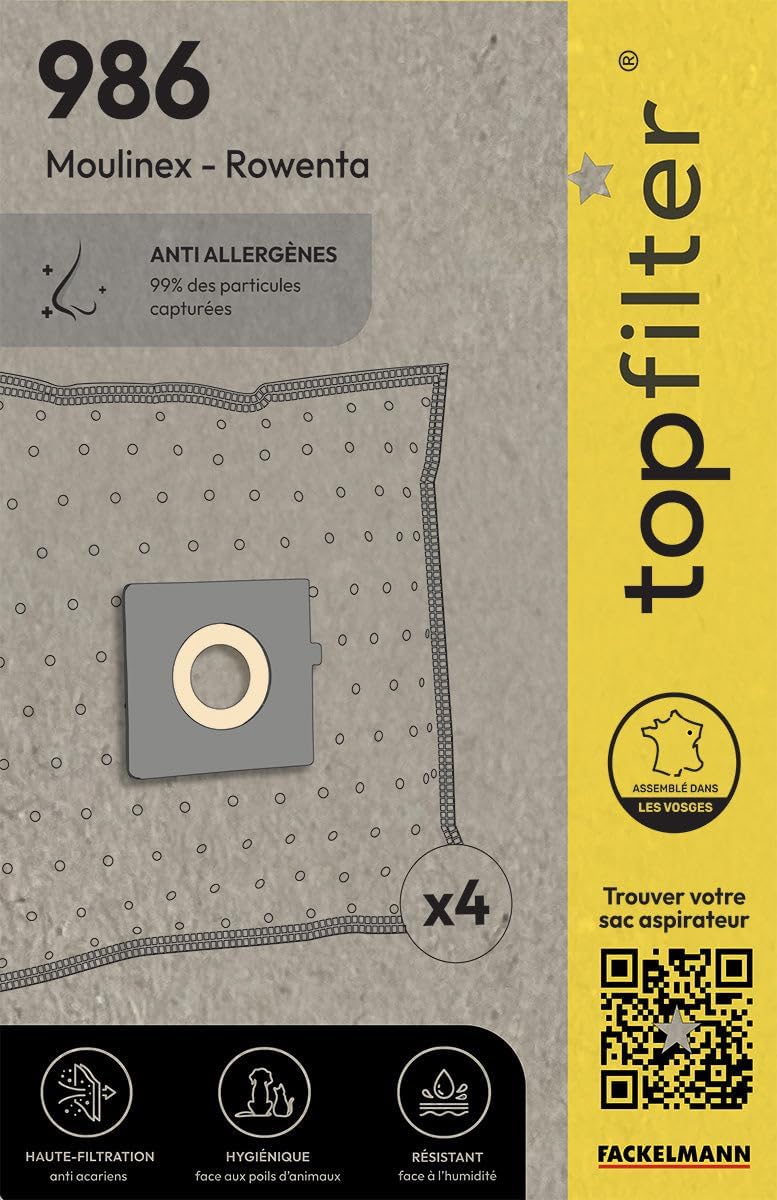 TopFilter 986-4 x Vacuum Cleaner Bags for Moulinex and Rowenta. Box of 4 Non-Woven dust Bags for Vacuum Cleaner (30cm x 26cm x 0.1cm).