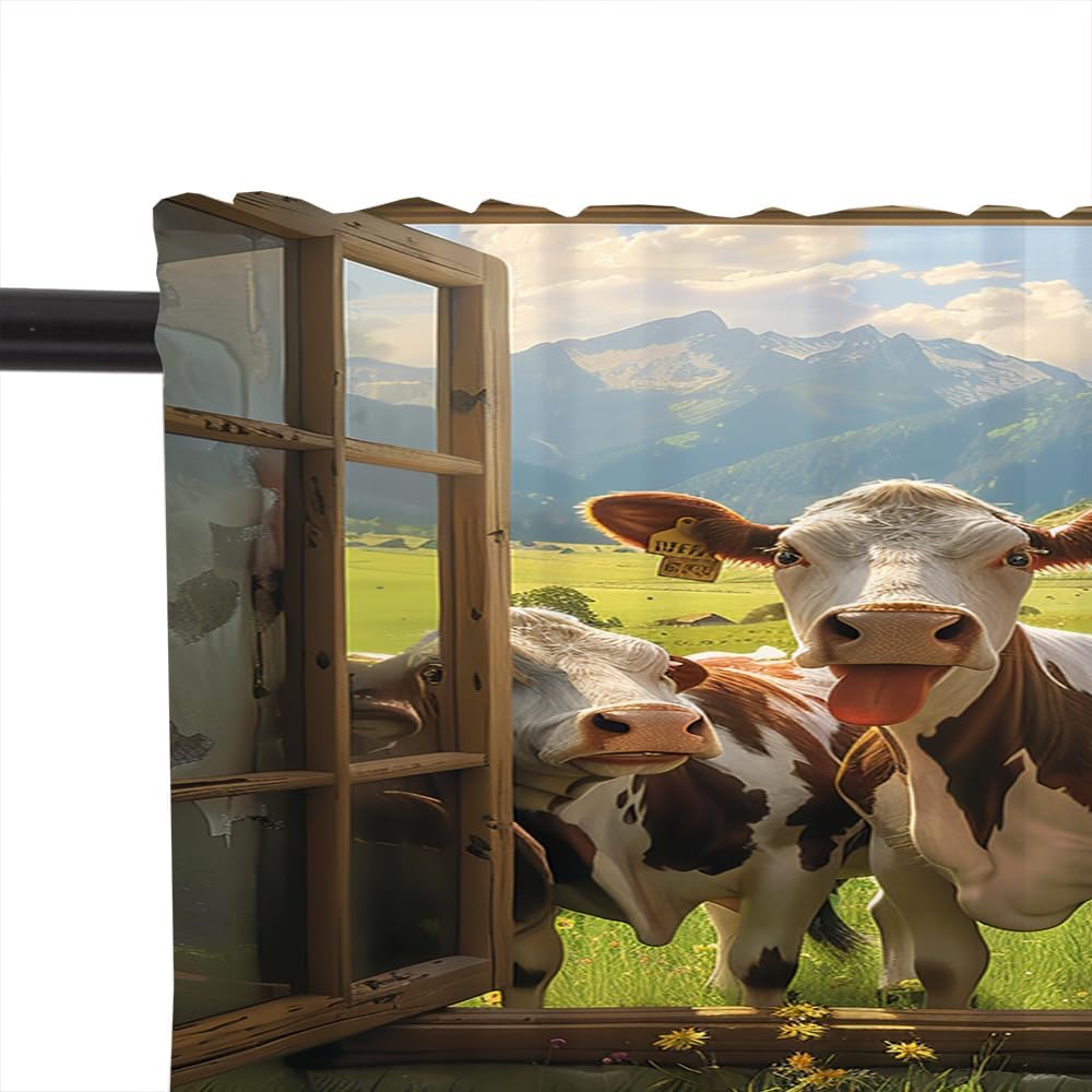 2 Panels Retro Rustic Cow Valances for Windows, Farmhouse Animal Floral Field Rod Pocket Valance Curtains Home Decor Window Treatment for Kitchen/Living Room, 54" W X 18" L