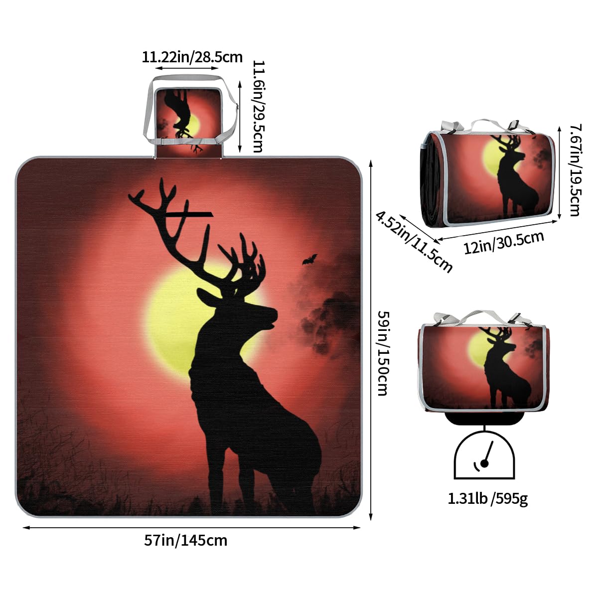 Shimoshe Picnic Blankets 57”x 59”, Sunset Deer Waterproof Sandproof Picnic Mat Lightweight Foldable Beach Blanket for Camping Park Grass Beach Outdoor Blanket