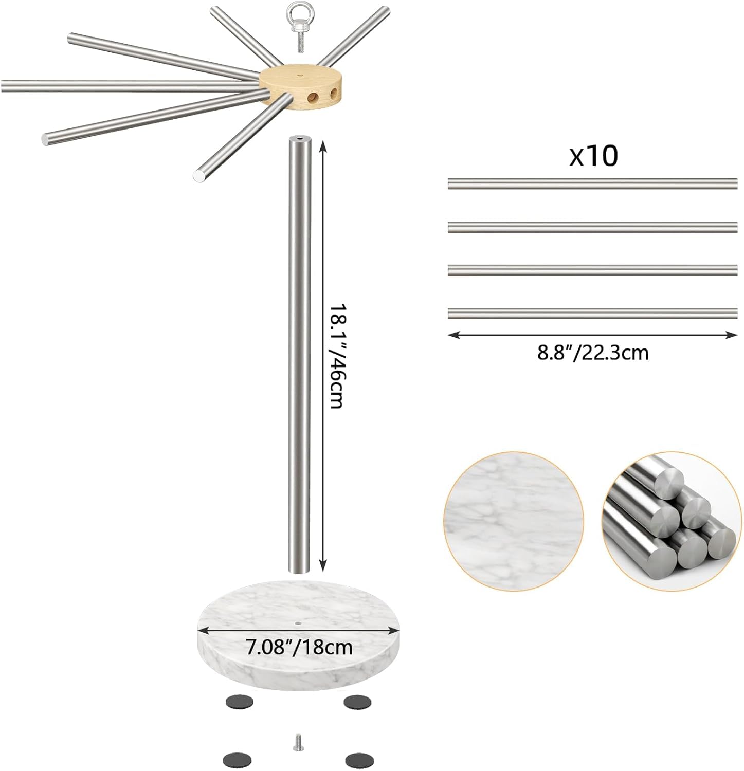 STWWO Séchoir à Pâtes Fraîches En Acier Inox 304 Avec 10 Bras Amovibles - Support Pour Séchage Jusqu'à 2kg De Nouilles Fait Maison