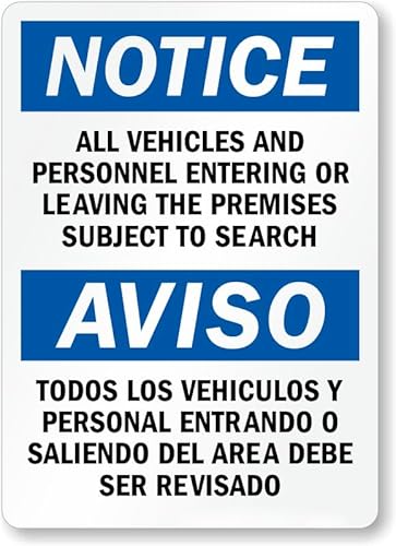 Bilingual Premises Inspection Notice Sign, Access Personnel Vehicle Search Rule Metal Sign 8x12 Inch