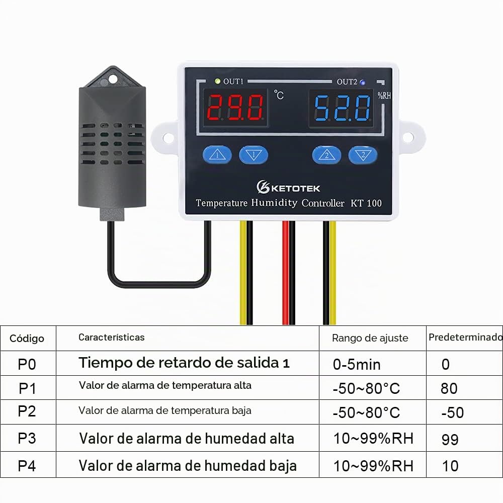 KETOTEK Controlador de temperatura y humedad, Digital termostato 220V Calentamiento Enfriamiento con Sonda, 10A De Salida Directa, para Incubadora Invernadero Reptil