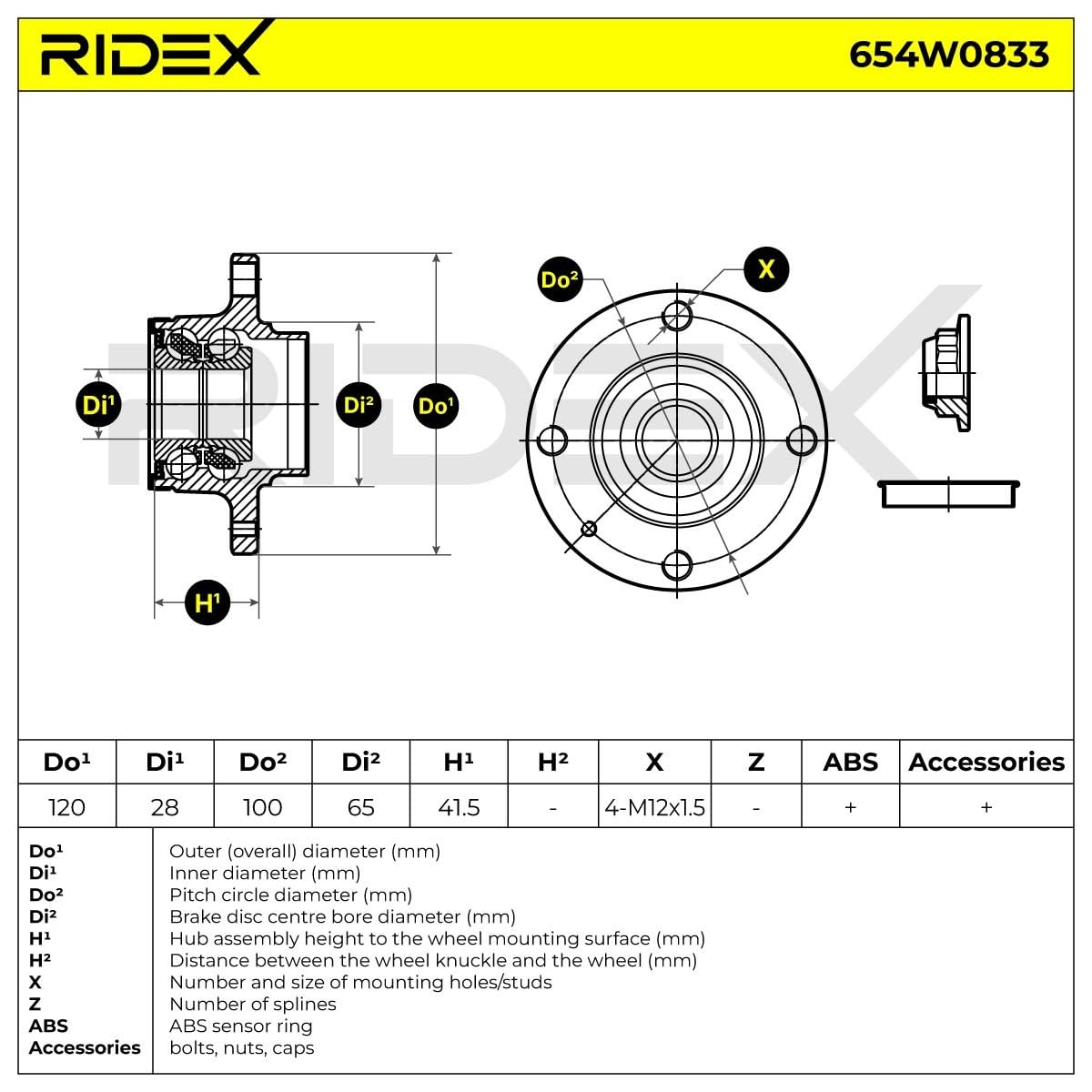 RIDEX 654W0833 Kit cuscinetto ruota Destra Sinistra Posteriore Compatibilità con VW up! Hatchback 121, 122, BL1, BL2