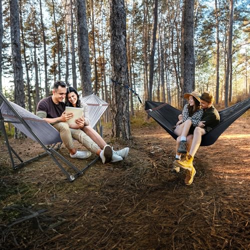 Image of Tranquillo Combo x2 Hammocks with Stand for Outside & Tree Straps, Heavy Duty Hammock with Stand 600lbs for Indoor Outdoor Patio Backyard, x2 Hammocks for 2 Person (Combo - Grey, Medium)