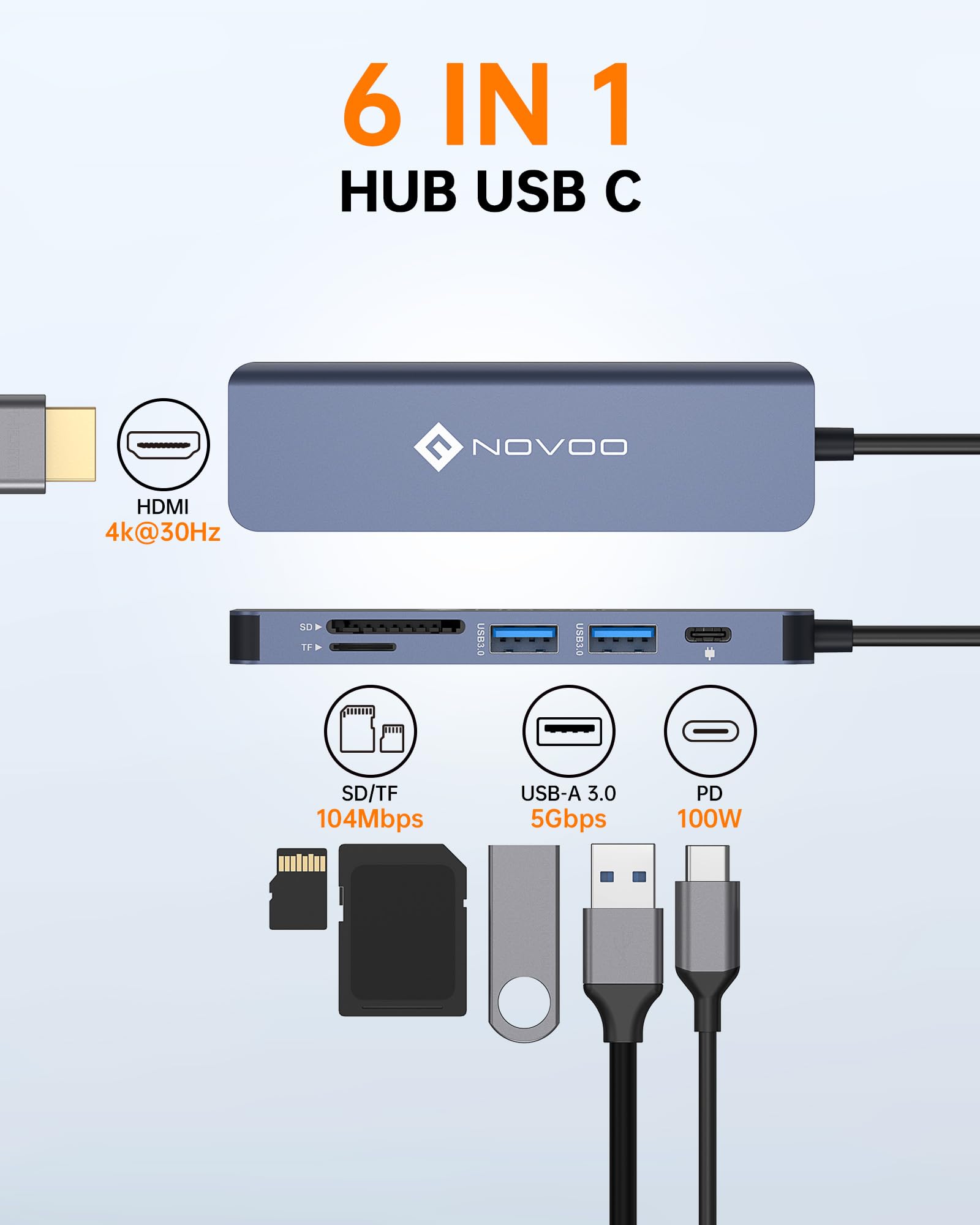 NOVOO Multi-Port USB C Hub, 6 w 1 USB C do HDMI Adapter z 100W PD ładowaniem, HDMI 4K, 2 USB 3.0 porty, SD/Micro SD czytnik, dla MacBook Air/PRO i innych urządzeń typu C (Cable10cm)