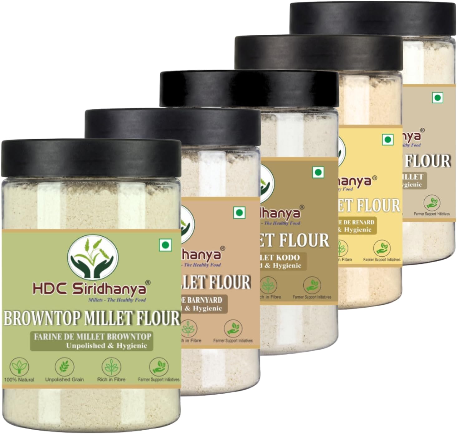 HDC Siridhanya Unpolised five positive millets Flour Combo Pack of 5, [Kodo, Foxtail, Browntop Barnyard, and Little Millet ] Gwt. 700gm Each (Including Jar) Sourced from Andhra Pradesh
