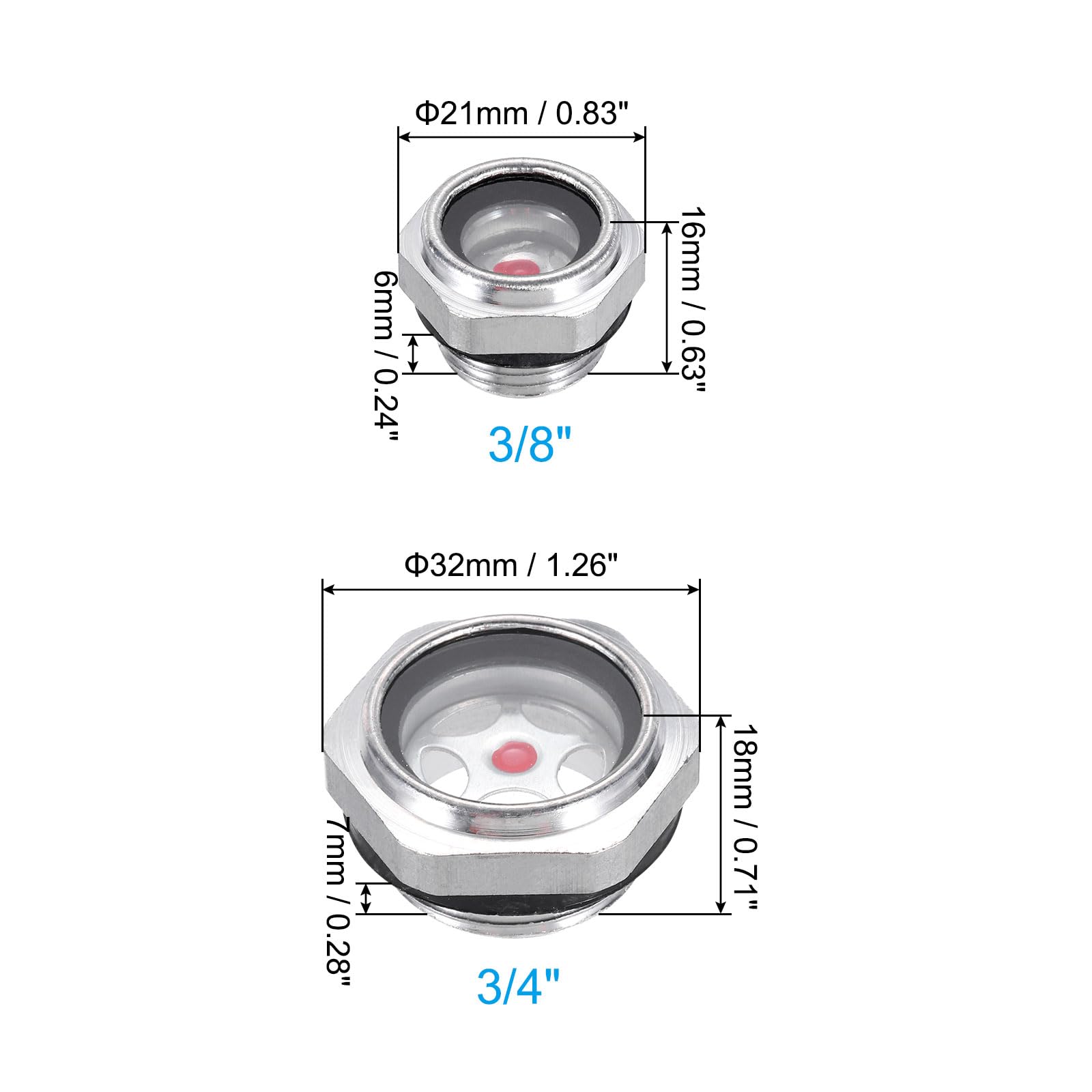 PATIKIL Oil Sight Glass, 2Pack 3/4" 3/8" Male Threaded Alloy Oil Liquid Level Gauge Oil Indicator for Pump Air Compressor Fittings - Image 2