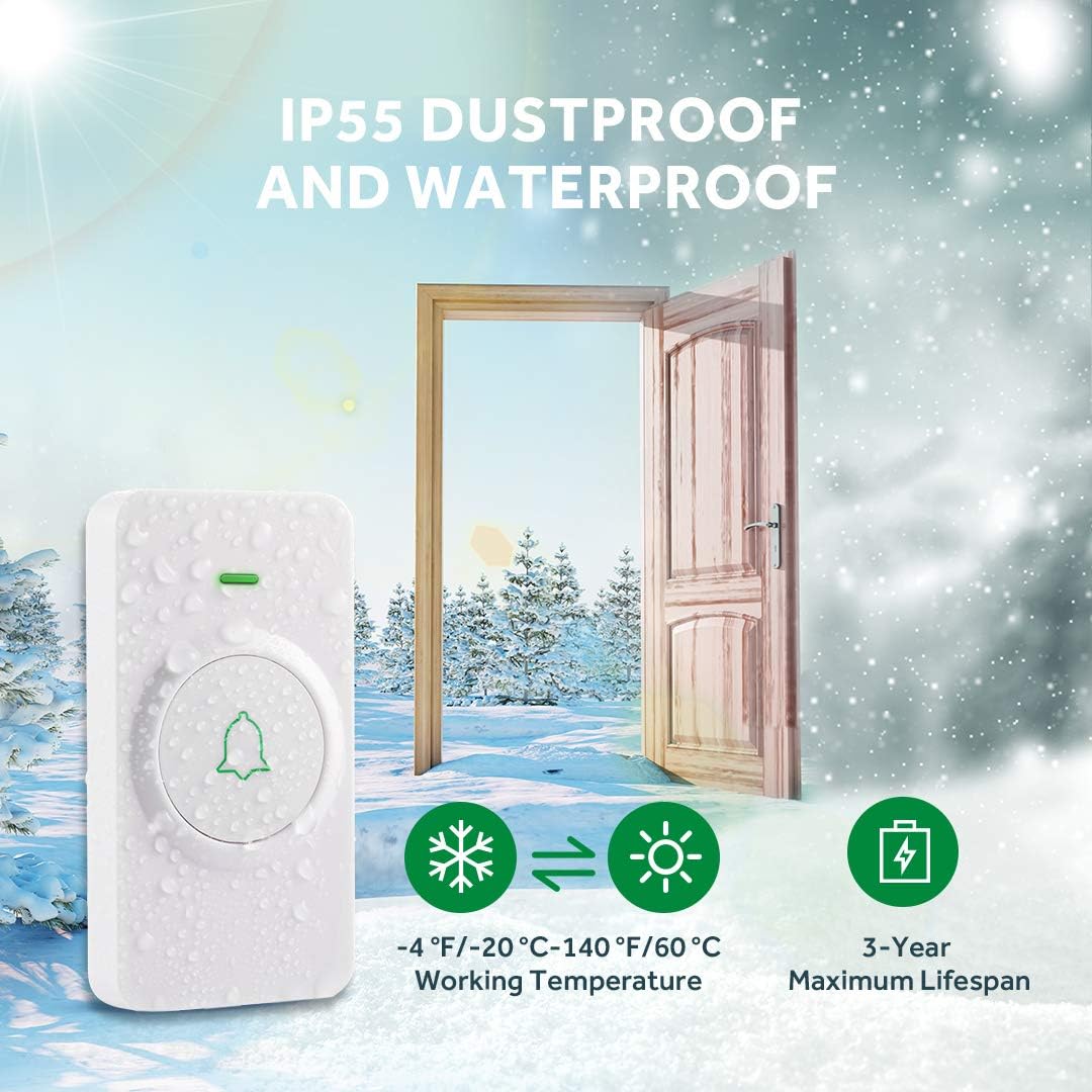 AVANTEK doorbell transmitter with IP55 rating, shown in winter and summer conditions.