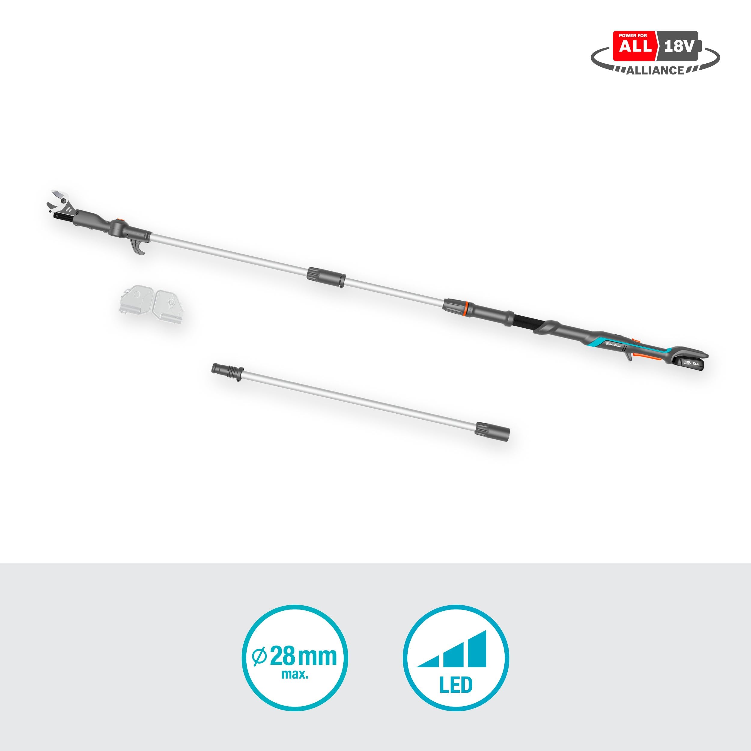 Gardena Akku-Teleskop-Baumschere HighCut 360/18V P4A Ready-to-Use Set: Bis zu 5 m Reichweite, Schwenkbarer Schneidkopf, Ergonomisch, LED-Anzeige, Kabellos (14776-20)
