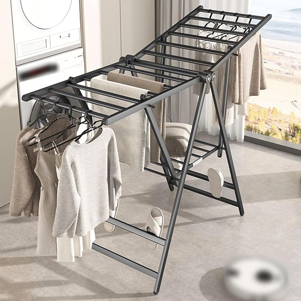 Foldable Laundry Drying Rack – 2-Tier Free-Standing Floor Rack with Height-Adjustable Wings & Shoe Rack | Suitable for Indoor & Outdoor Use(Size:130cm,Color:Black)